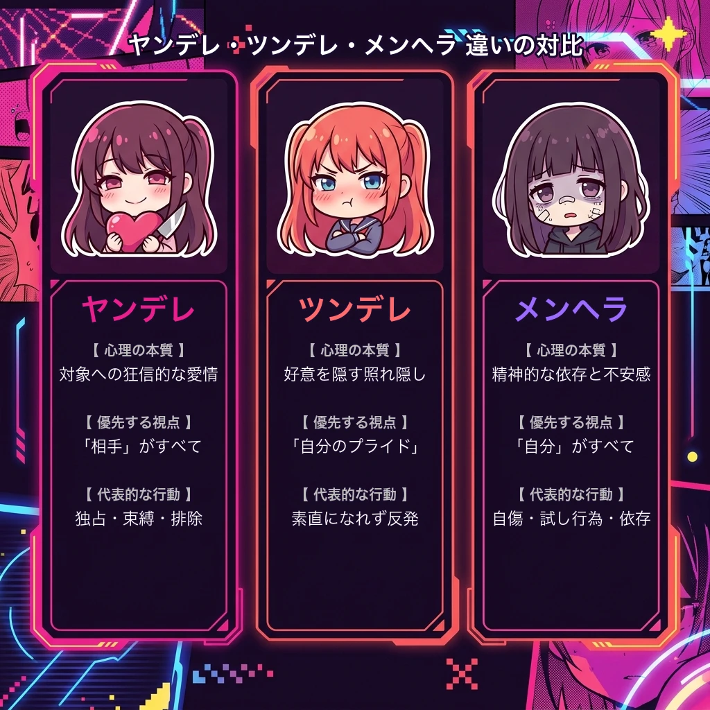 ヤンデレ・ツンデレ・メンヘラの心理と行動の違い対比図解